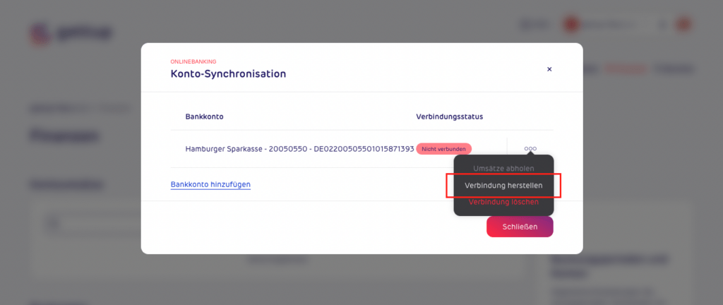 Screenshot - gettup Finanzen - Kontosynchronisation - Verbindung herstellen
