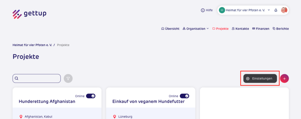 Screenshot - gettup Projekte - Spendeneinstellungen