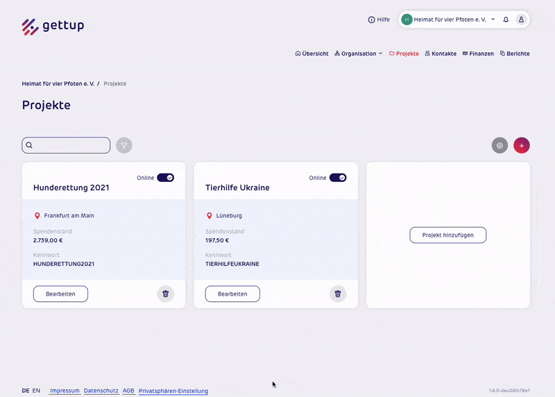 Screencast - gettup - Spenden - Spendenarten - Einstellungen