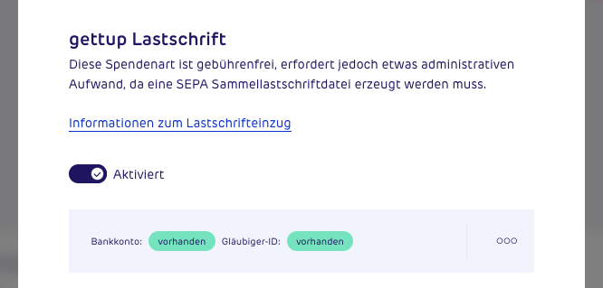 Screenshot - gettup - Spendeneinstellungen - gettup Lastschrift