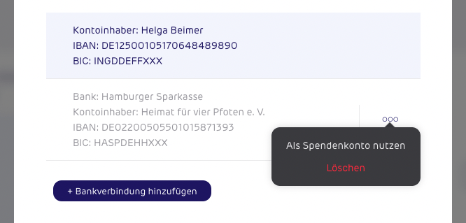 Screenshot - gettup - Spendeneinstellungen - Spendenkonto neu