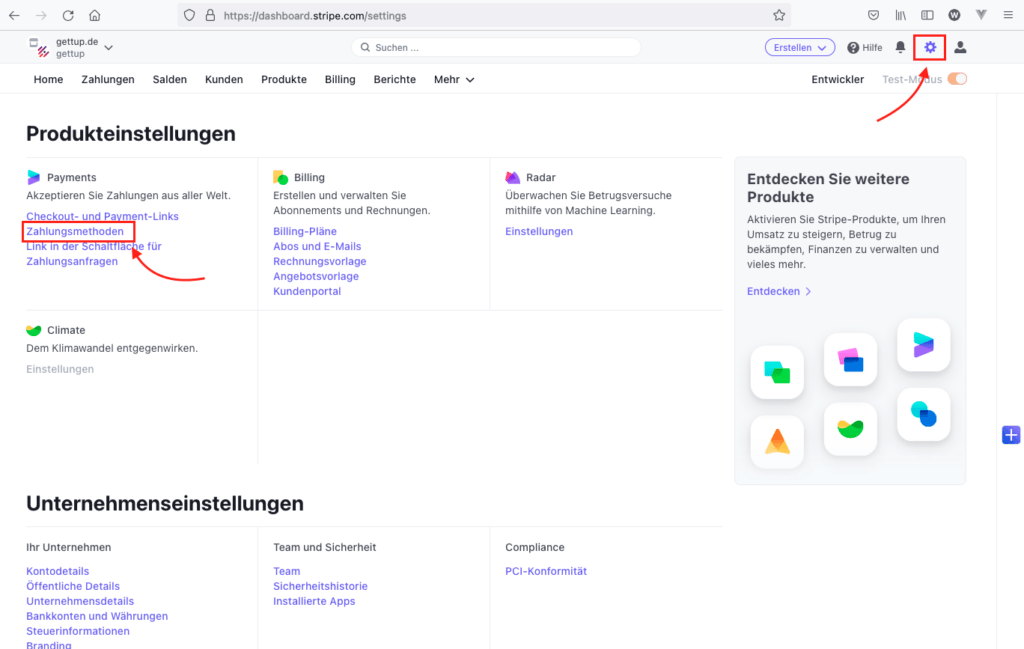 Screenshot - gettup - Spendeneinstellungen - Stripe Einstellungen