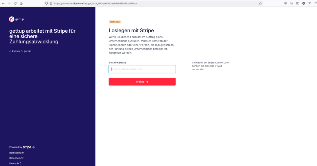 Screenshot - gettup - Spendeneinstellungen - Stripe Onboarding