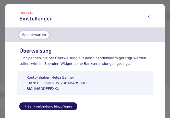 Screenshot - gettup Spendeneinstellungen - Überweisung