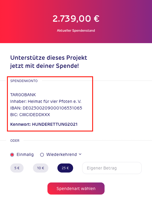 Screenshot - gettup - Spenden-Widget - Spendenkonto