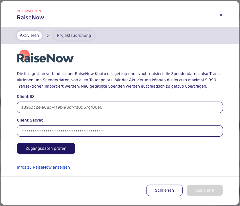 Screenshot - gettup - Integrationen - RaiseNow - API Authentifikation
