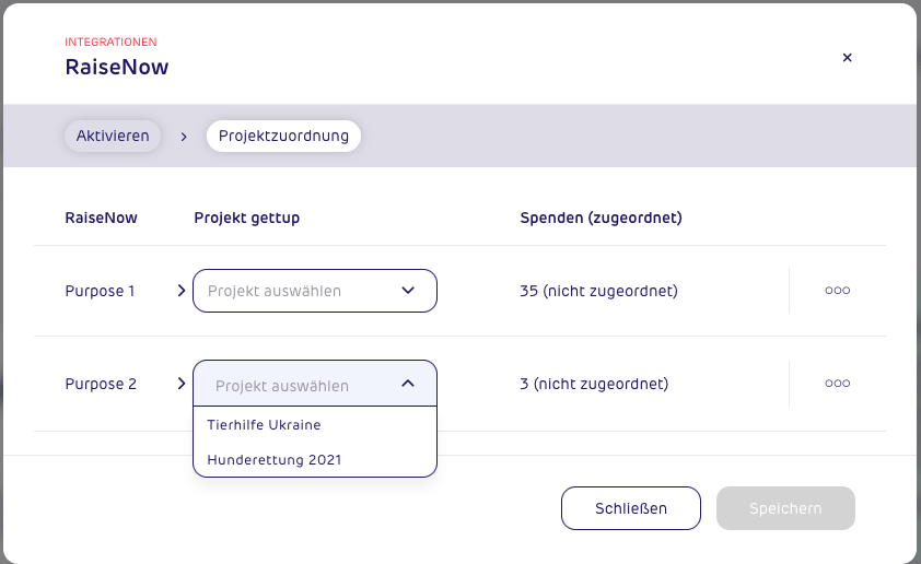 Screenshot - gettup - Integrationen - RaiseNow - Projektzuordnung