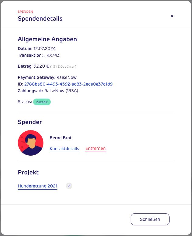 Screenshot - gettup - Integrationen - RaiseNow - Spendendetails